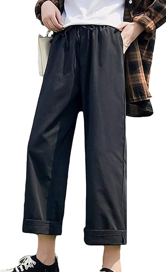 Amazon Gergeousワイドパンツ レディース 九分丈 ゆったり ロングパンツ ハイウェスト シンプル ストレートパンツ カジュアル 着痩せ ボトムス ズボン 無地 黒 秋 ロングパンツ 通販