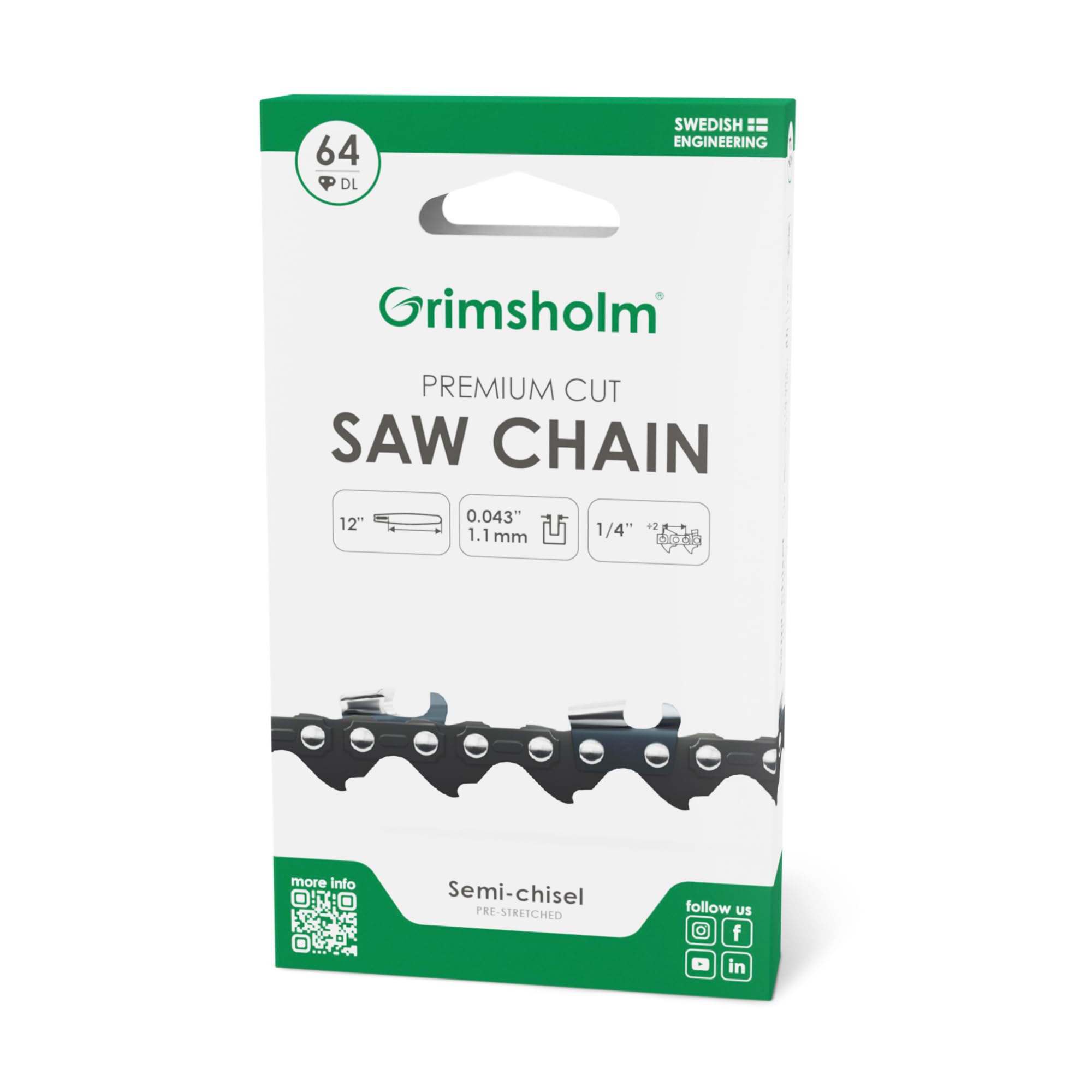 Grimsholm Green - Chainsaw Chain 64 DL, 1/4 inch .043 inches/1.1 mm