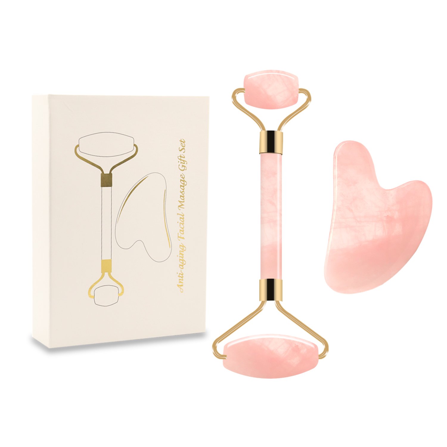 Jade Roller and Gua Sha Scraping Facial Tools Set，Rose Quartz Roller