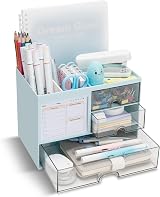 RISEMART Desk Organiser with 3 Drawers Blue 21x14.5x15.5cm Pen Holders
