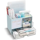 QIYVLOS Desk Organizer with 3 Drawer, Multi-Functional Pencil Pen Holder for Desk, Desk Organizers and Storage with 8 Compartments, Desktop Organizer for Office Home Art Supplies (Blue)