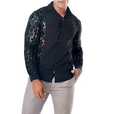 Doublehero Herren Herbst Casual Hemd Reizvoller Spitzen Patchwork Hohl Langarmshirt Slim Fit, Mode Transparent Freizeithemd Clubwear Partyhemd T-Shirt Top Bluse