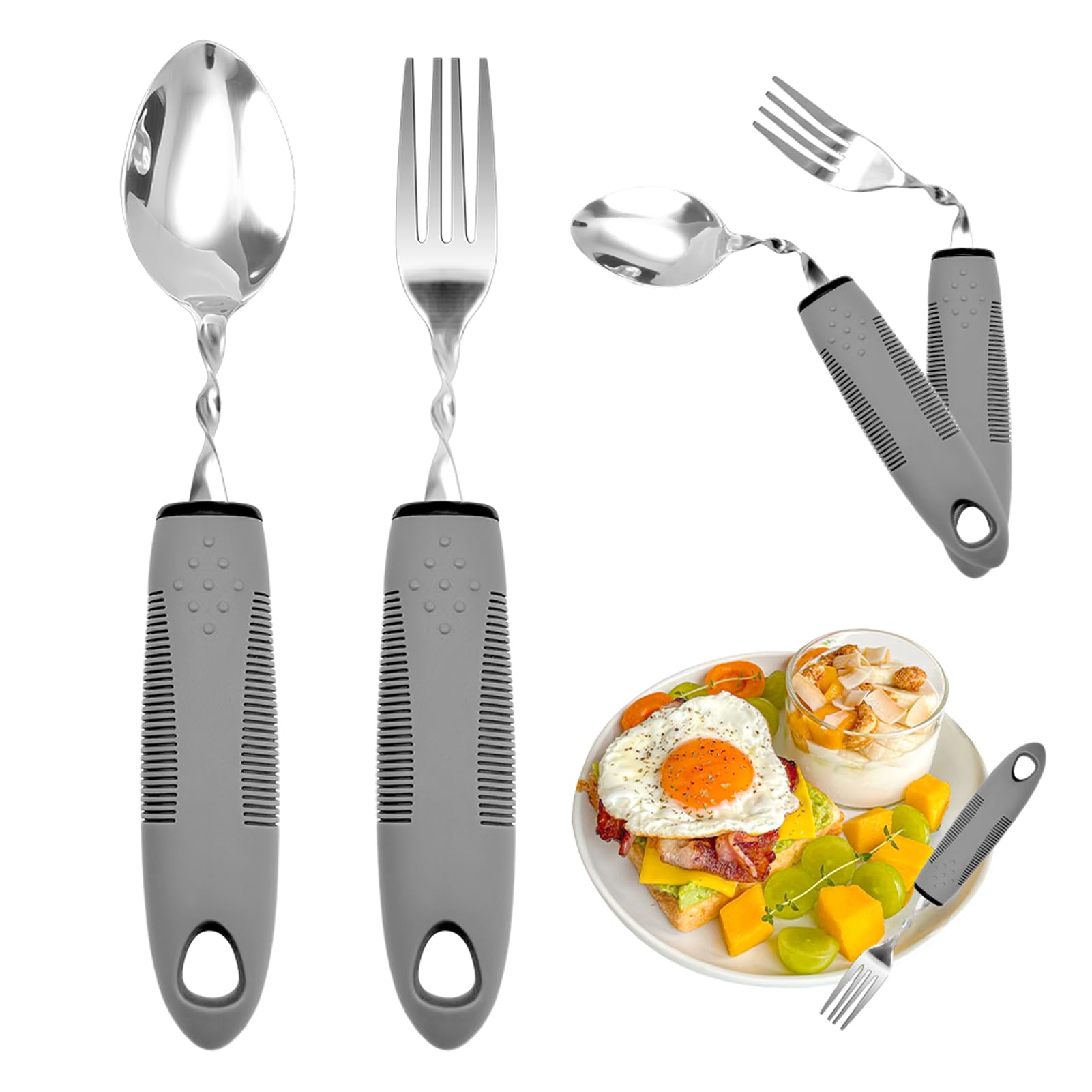Parkinson Cutlery with Thick Handle, Cutlery for Parkinson Seniors Disabled Aids Parkinson Aid for Elderly People Arthritis Parkinson's Disabled (Grey)