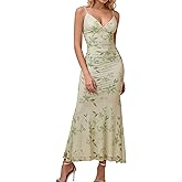 GLNEGE Women's Floral Wedding Guest Formal Maxi Dress Bodycon Spaghetti Strap V Neck Elegant Cocatail Dresses