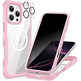 CENHUFO Magnetic Privacy for iPhone 16 Pro Max Case [Compatible with Magsafe] Full Body Phone Case Built-in 9H Tempered Glass Privacy Screen Protector Camera Lens Protector, Shockproof Cover - Pink