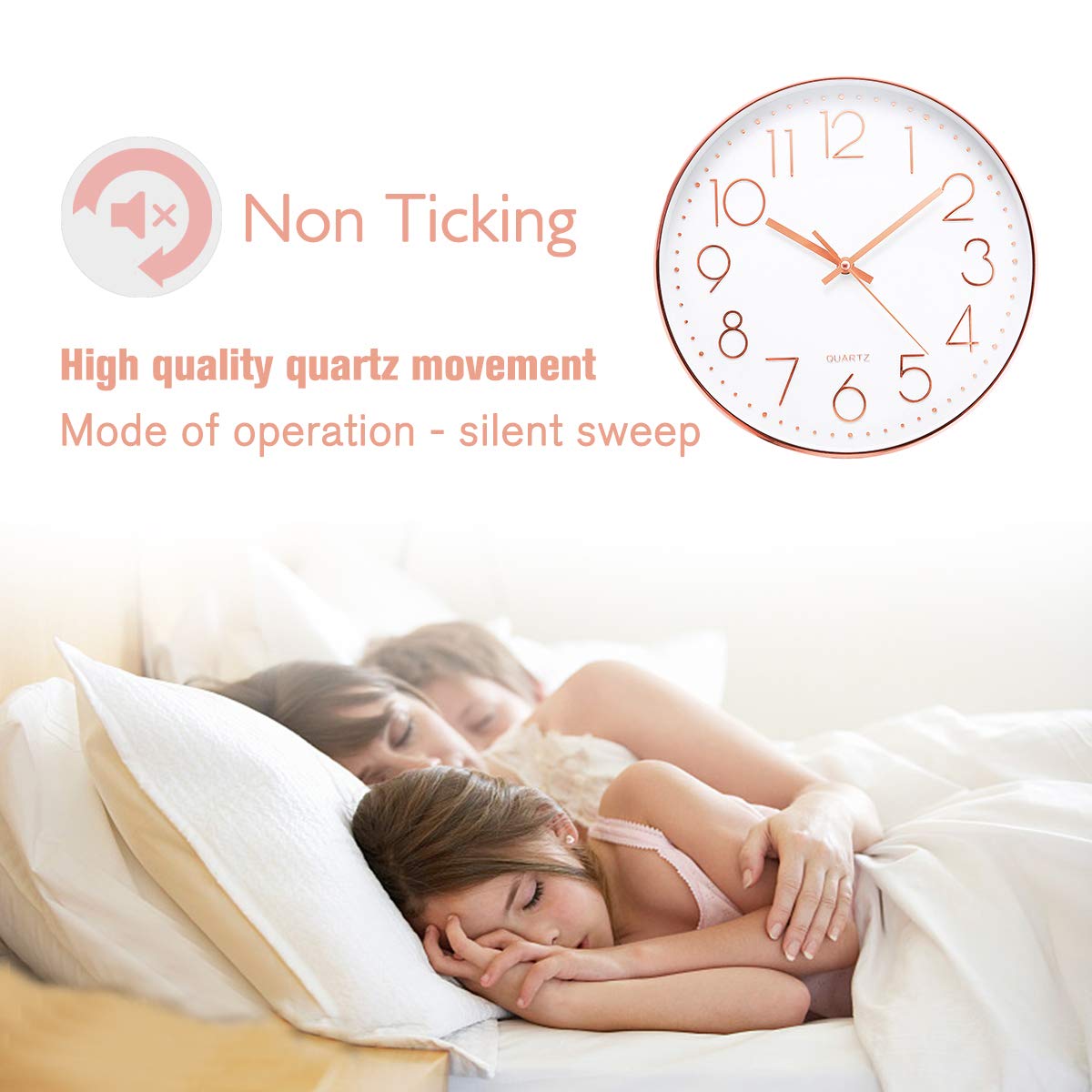 Jeteven Rund 30cm Wanduhr fest ohne Tickgeräusche (Roségold)