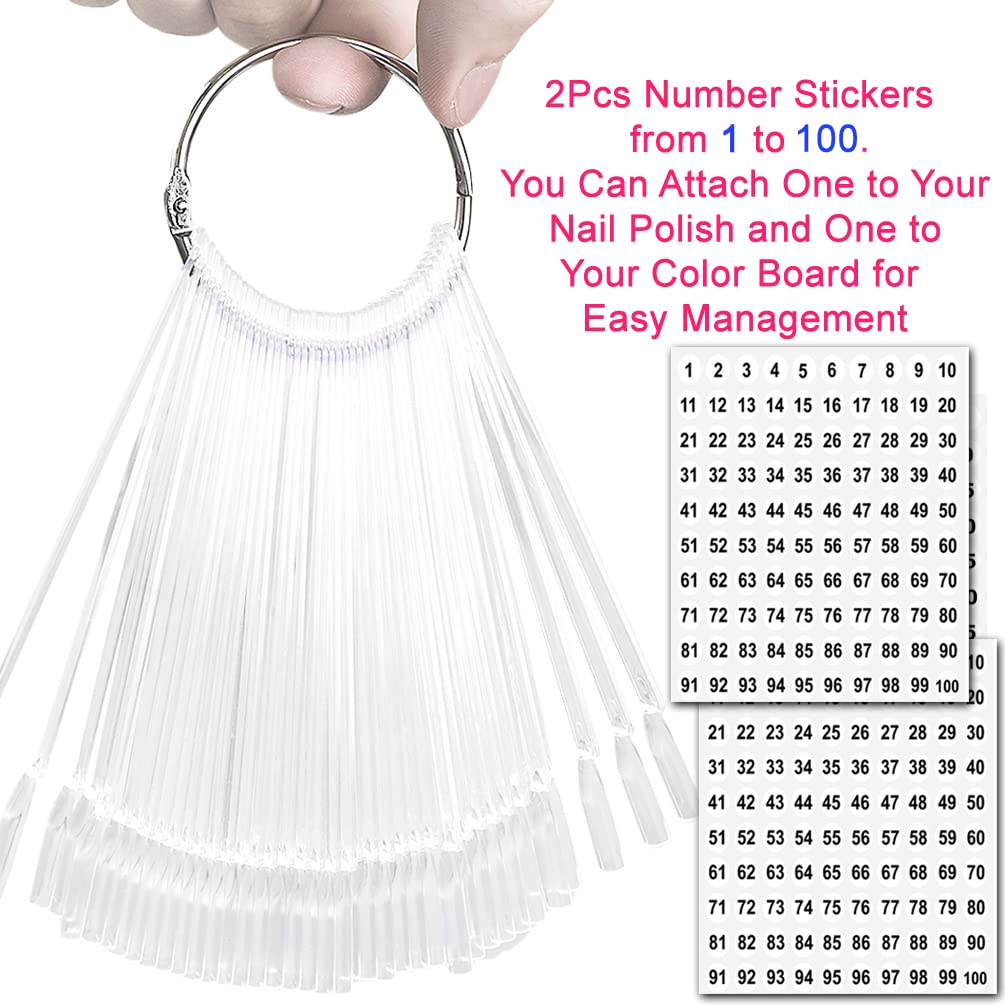 JASSINS 100 Pcs Clear Fan-shaped False Nail Swatch Sticks Nail Polish Practice Display Art Tips Nail Sample Sticks With Metal Split Ring - Image 3