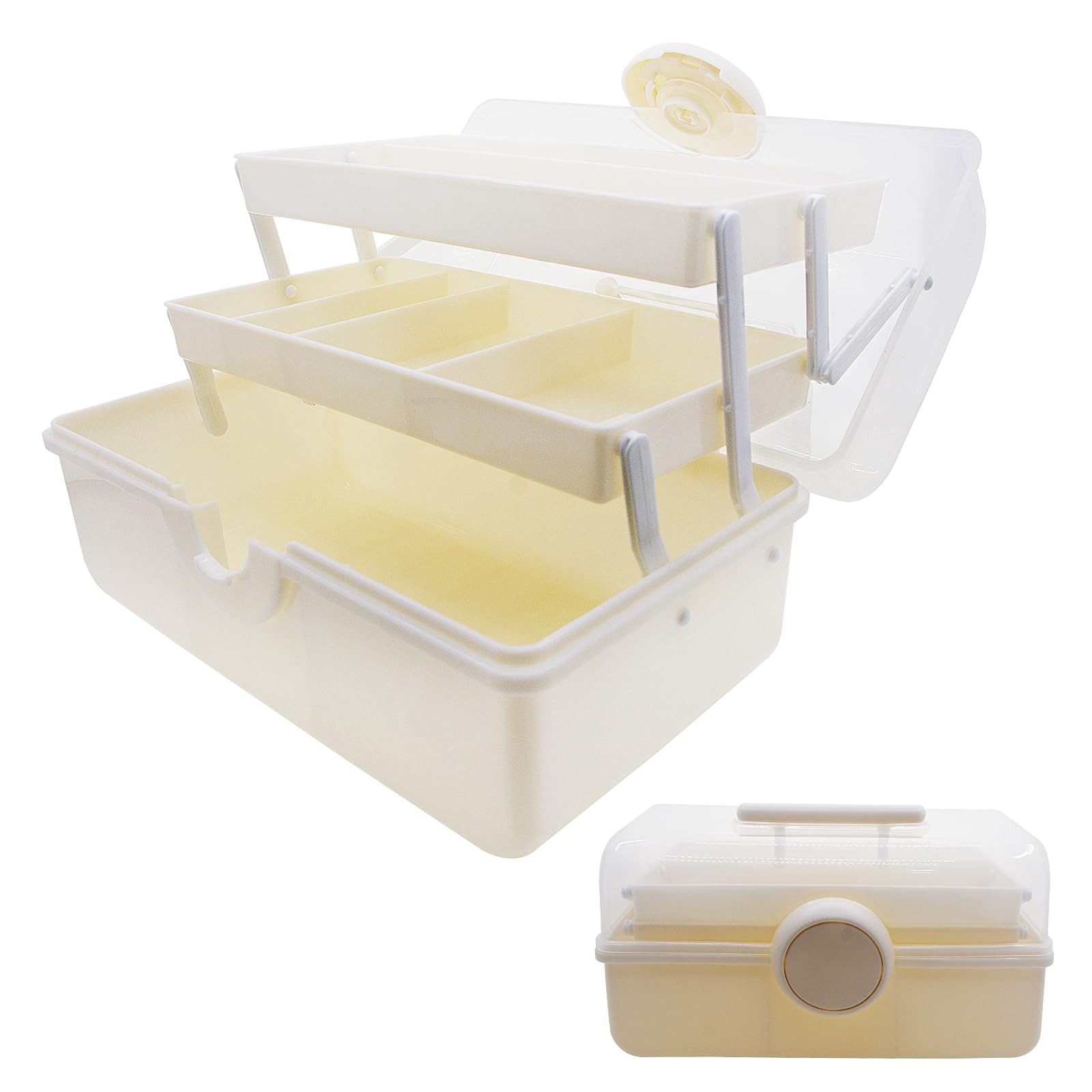 ANMOO 3 Layer Multipurpose Storage Box with Compartments, Portable Organizer for Makeup, Crafts, Tools, Sewing and Hair Accessories (Cream, M)