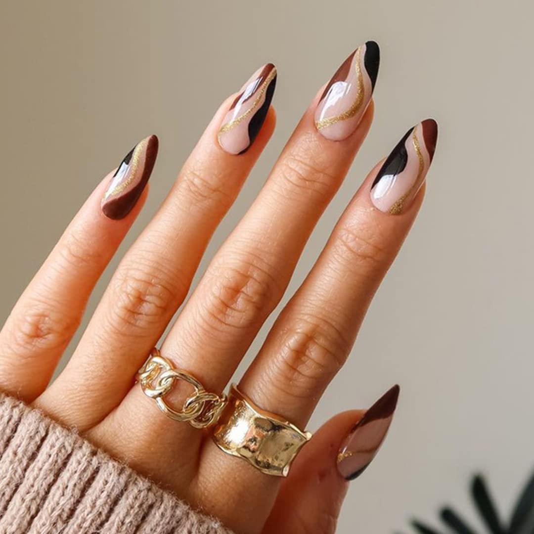 Sethexy Swirl Almond False Nails Wave Line Stiletto Stick on Nails Abstract Brown Fake Nails 24Pcs Acrylic Art Press on Nail Tips for Women and Girls — image 1