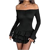 Floerns Women's Y2k Mini Dress Off Shoulder Ruched Layered Ruffle Hem Going Out Dresses