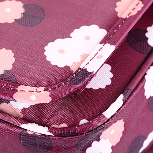 WNOSH Multifunction Hanging Toiletry Bag Portable Travel Make up Kit Case Pouch Women Men Shaving Kit with Hanging Shaving Hook for Vacation Travel Bathroom Organizer Carry On Case (Wine Red Flower)