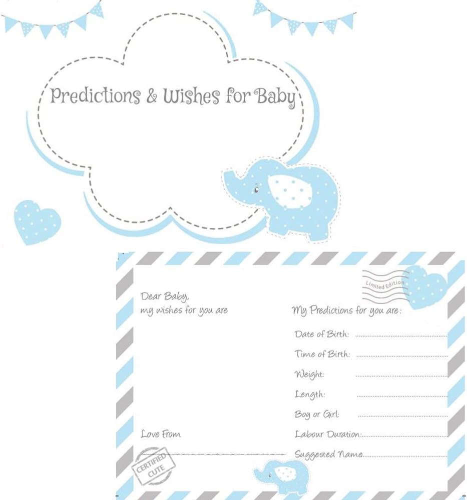 RUSTIC ROBIN RR Designs 16 x Blue Elephant Baby Shower Baby Prediction Cards & Baby Wishes Printed Double Sided