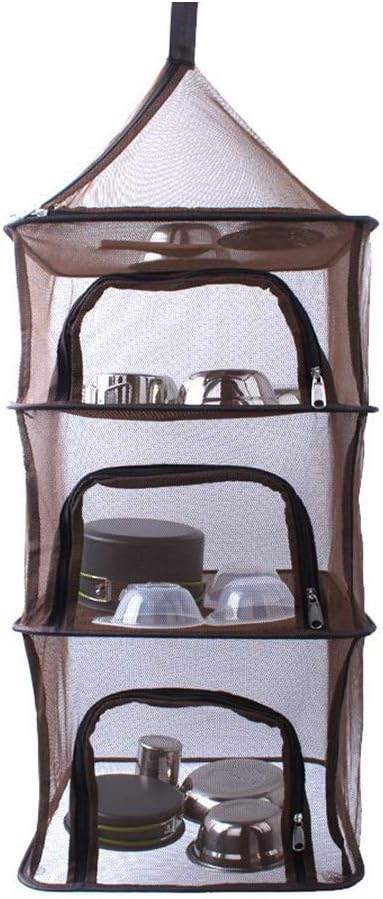 YOHOKO Dry Net Camping Outdoor Storage Network Foldable Multifunctional Tableware Dishes Drying Hanging 4 Layer Mesh Folding Net (Coffee)
