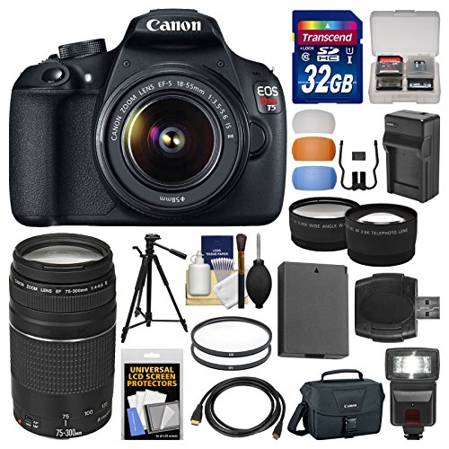 Canon EOS Rebel T5 Digital SLR Camera & 18-55mm IS II & 75-300mm III Lens & Case + 32GB Card + Flash + Battery & Charger + Tripod + Tele/Wide Lens Kit