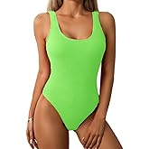 Limeeke Women One Piece Swimsuit Solid Ribbed Monokini Swimwear Scoop Neck Low Back Bathing Suit