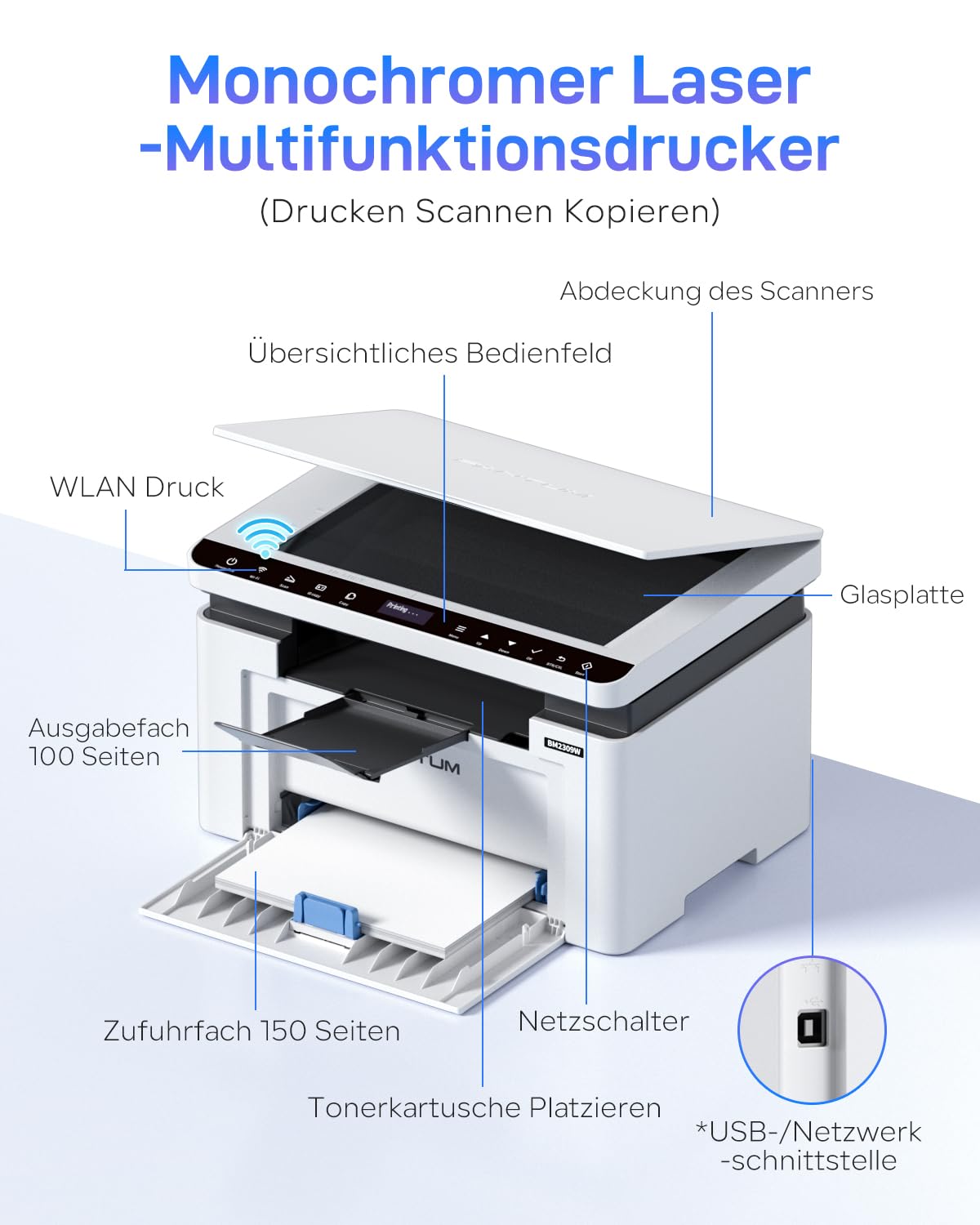 PANTUM BM2309W laserdrucker Multifunktionsgerät, Drucker Scanner Kopierer 3in1, Schwarz Weiss, WLAN Drucker, Airprint, A4, 1200 x 600 DPI, 20 Seiten pro Minute 6