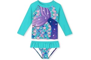 ACOCOPY Girls Two Pieces Swimsuit Long Sleeve Crewneck Bathing Suit Cool Print Rash Guard Tankini Swimwear 1-10 Years