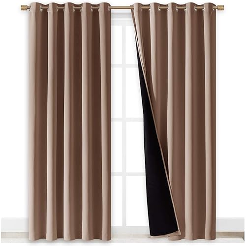 NICETOWN Complete Blackout Shades for Large Window Door, 100% Blackout Window Curtain Panels with Black Lined, 70 inches Width Each Panel, 95 inches Length, Taupe, Double Pieces