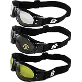 Birdz 3 Pairs of Bald Eagles Glossy Black Frame Motorcycle Goggles with Clear, Smoke and Yellow Tint Lenses