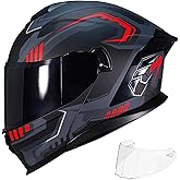 MXJ Gear Motorcycle Helmet,Motorcycle Dual Visor Flip up Modular Full Face Helmet JR-815,DOT Approved Motorbike Helmet with 2 Visors for Adults Men Women(XL,Matte Red Evolve)
