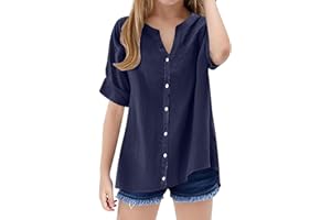 Girls Short Sleeve Dress Shirts Kids Summer School Uniform Button Down Shirt 5‐15 Years V Neck Tunic Tees Casual Blouses