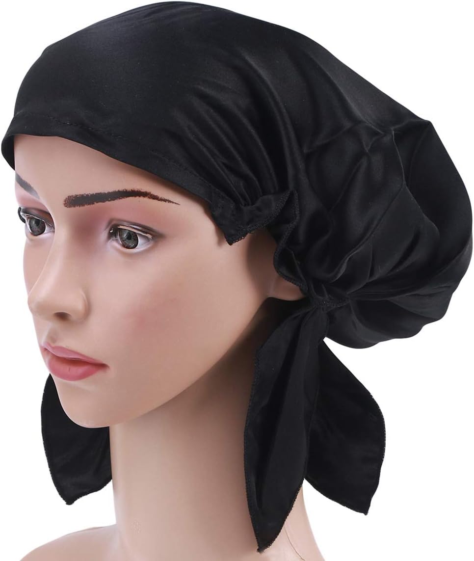Frcolor Mulberry silk sleeping cap long hair bonnet night hair bonnet hat for women girls(Black)