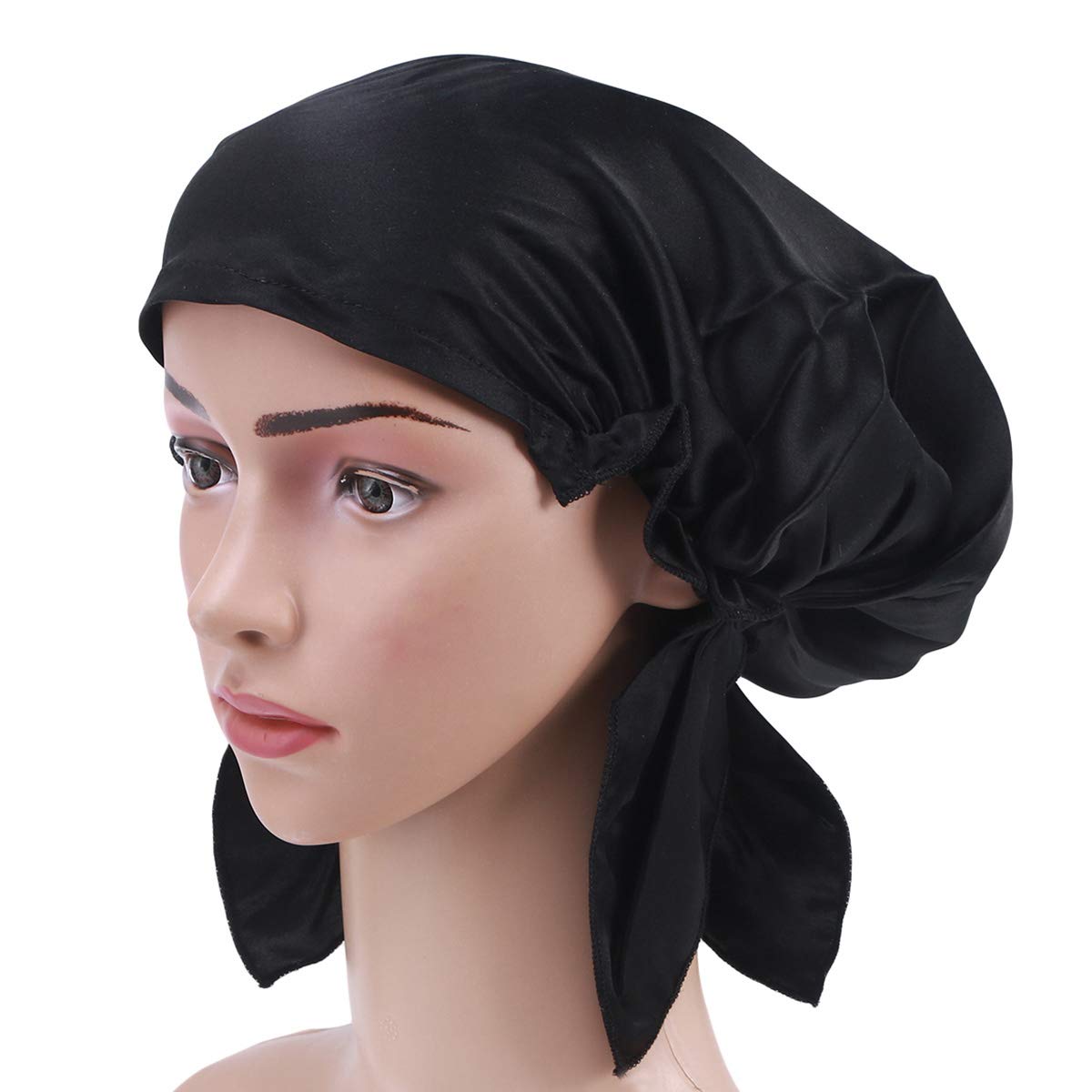 Frcolor Mulberry silk sleeping cap long hair bonnet night hair bonnet hat for women girls(Black)