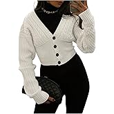 RoseSeek Women's Off Shoulder Cable Knit Cardigans Button Down Cropped Sweater Fall Tops