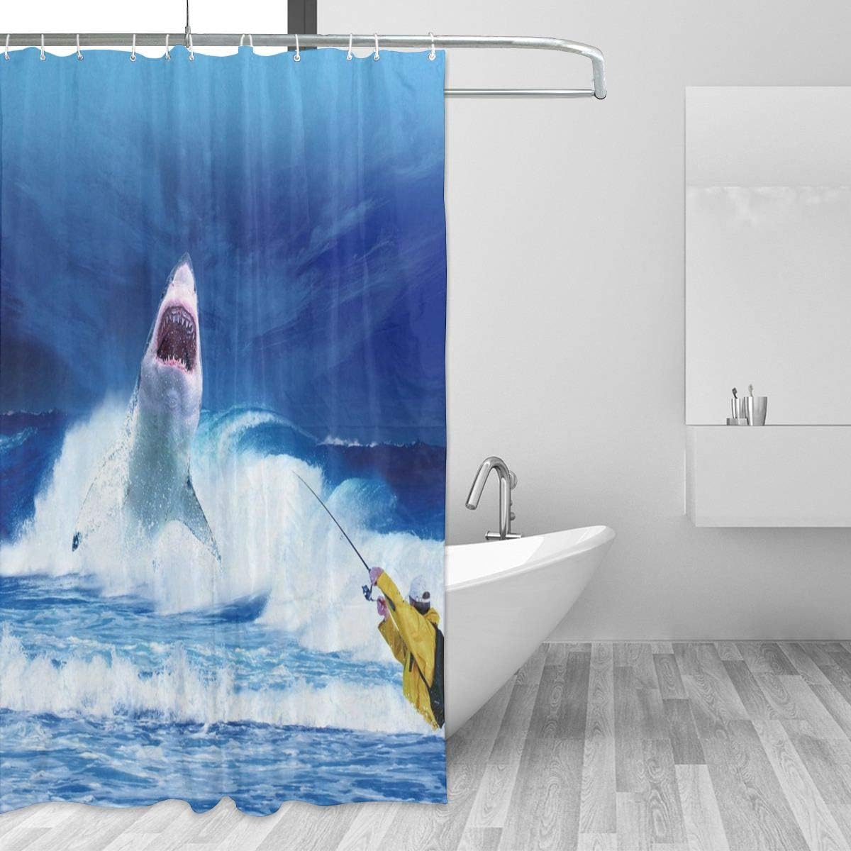 SALLYLOU Shower Curtain Bathroom Decor Shark Attack Human Waterproof Washable Printed High Temperature Resistance Polyester Fabric Bathroom Decor for Bathroom with Hooks 66x72 in
