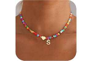 Eaciy Colorful Initial Necklaces for Girls Women Kids - Teen Girls Gifts Trendy Stuff Beaded Initial Necklace Dainty Letter Choker Necklace for Girl Gifts Jewelry