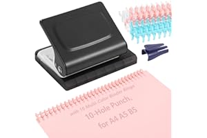 FELISTORY 10-Hole Binding Machine Spiral Coil Binder, Spiral Binding Machine with 16 Multi-Color Binder Rings, 30 Holes on A4, 20 Holes on A5, 26 Holes on B5, 10 Sheets Capacity