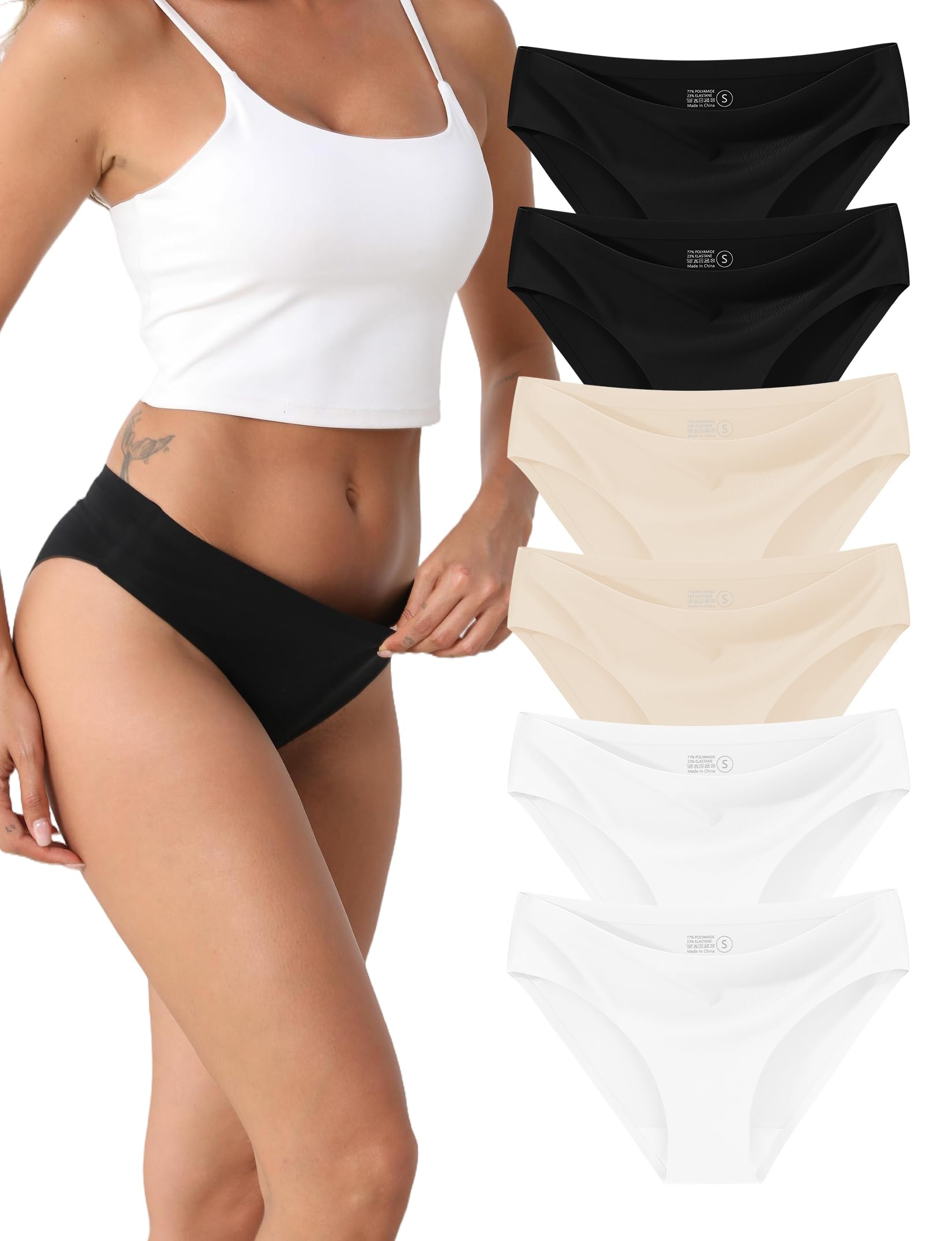 WAYIQE Seamless Underwear for Women - 6-Pack (2 Black, 2 Nude, 2 White) - No Visible Panty Lines, Breathable Ladies Panties, Size XS