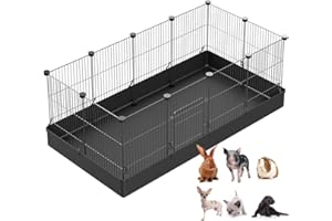 LANGXUN DIY Small Animal Playpen, Pet Playpen with Door and Waterproof Mat, Rabbit Guinea Pig Cages, Puppy Kitten Playpen | Indoor & Outdoor Portable Metal Wire Yard Fence, 12pcs Metal Pet Panels