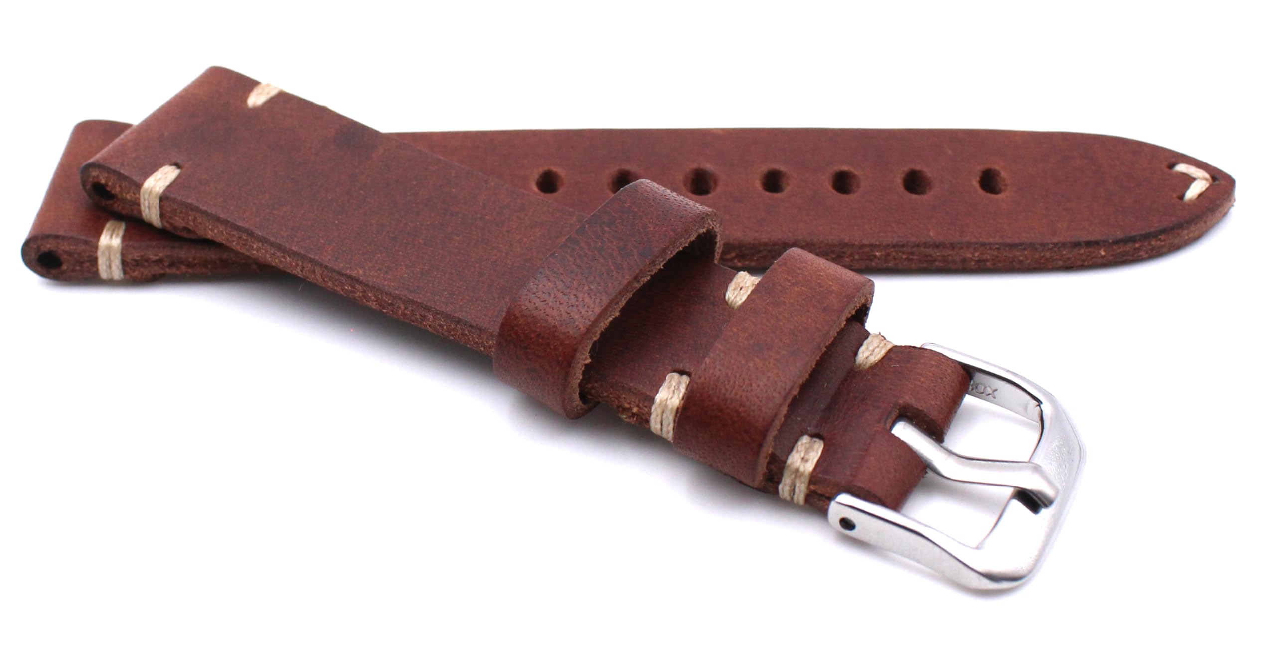 Rios Handmade Leather Strap White Seam 20 mm Strap Retro Look Quality Germany Handmade Strap, Dark Brown, Military, Navy, Aviation, Strap Cognac