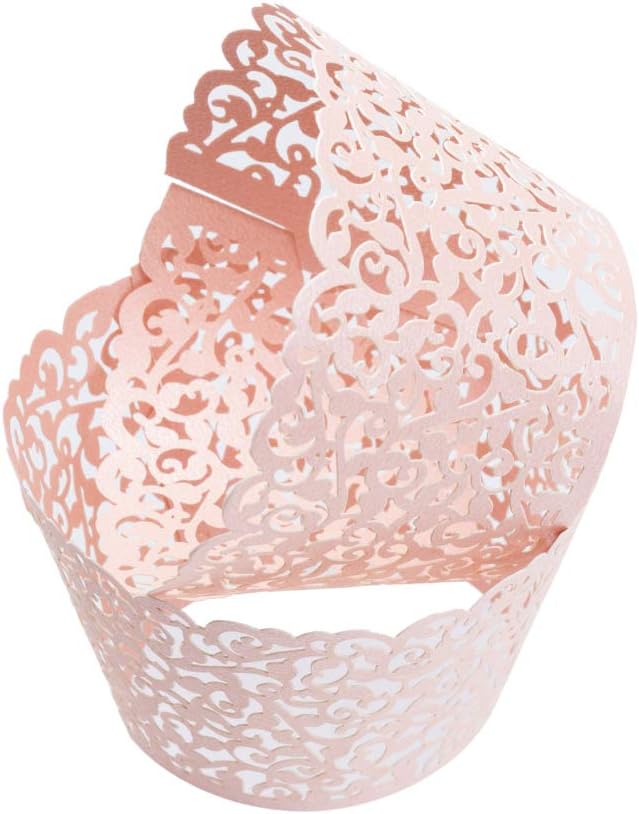 Seamersey 200pcs Cupcake Wrappers Filigree Artistic Bake Cake Paper Cups Little Vine Lace Laser Cut Liner Baking Cup Muffin Holders Case Trays for Wedding Party Birthday Decoration(Pink)