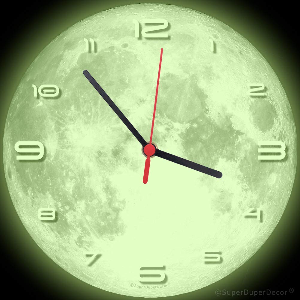 FULL MOON WALL CLOCK - SuperGlow™ - Glow-in-the-Dark - boys girls childrens bedroom decor gift 28cm grey