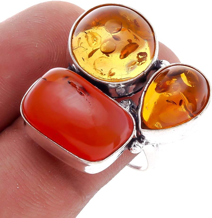 Carnelian Amber Gemstone Nimbark Ethnic Style Silver Plated Jewelry for Womens Ring Adjustable
