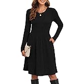 lionstill Women's Knit Textured Sweater Dresses Long Sleeve Loose Casual Pleated Fall Dress with Pockets,Black, M