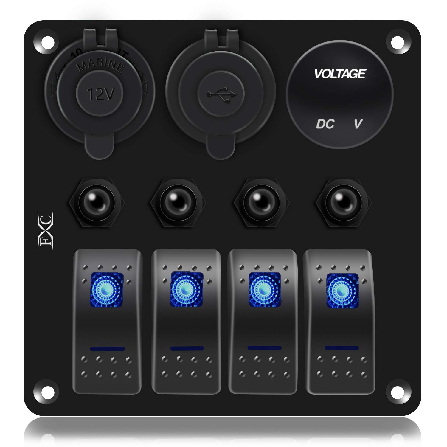 FXC Waterproof Marine Boat Rocker Switch Panel 4 Gang with 3.1A Dual USB Slot Socket + Cigarette Lighter +LED Voltmeter with Overload Protection for Car Rv Vehicles Truck (4 Gang Blue LED) (4 Blue): Industrial & Scientific