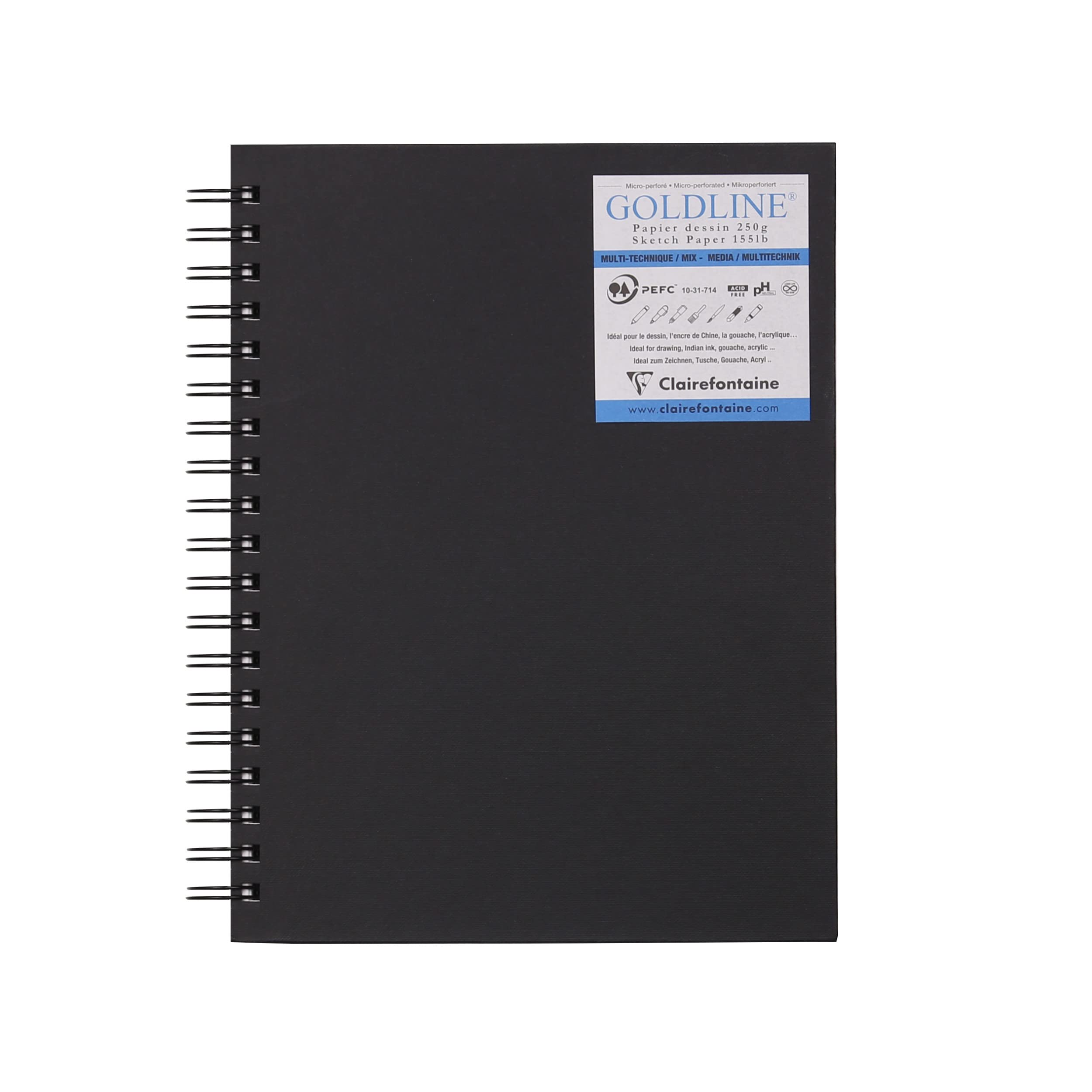 Clairefontaine 960082C Goldline Micro-Perforated Spiral Notebook - 40 Sheets of White Multi-Technique Drawing Paper - 17.8x25.4 cm 250g - Black Hardcover