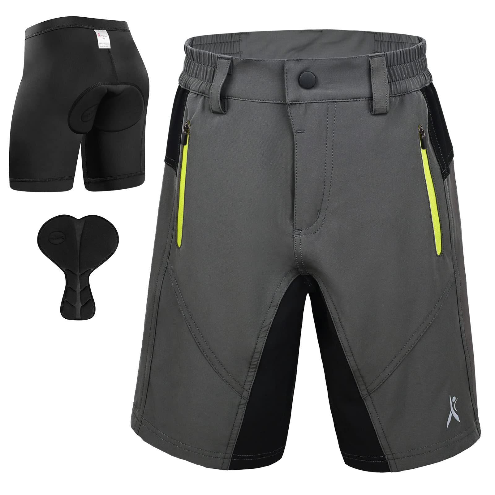 Photo 1 of GJDAMFD Kids Padded Bike Shorts with Padding Boys Teen Cycling Mountain Biking Shorts Zipper Pockets Grey S