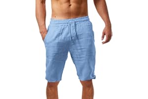 aihihe Men's Linen Bermuda Shorts Elastic Waist Drawstring Casual Summer Shorts Lighweight Loose Fit Beach Short Pants