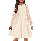 YOVION Girls Fall Dress Mesh Puff Long Sleeve Ruffle Tiered Flowy A-Line Holiday Party Dresses with Pockets for 6-12 Y