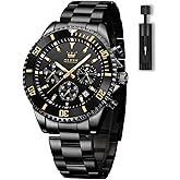 OLEVS Men's Watches with Date, Premium Gold and Silver Stainless Steel Analog Watches for Men, Classic Rotatable Bezel Men's Cuff Watches, Blue/Green/Black Dial