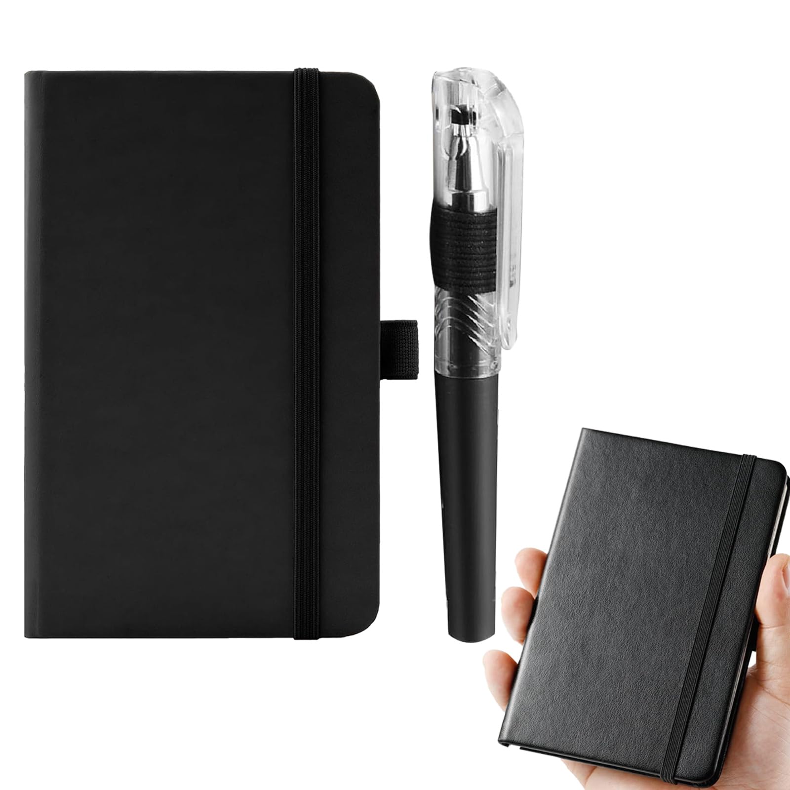 LINXINS A7 Pocket Notebook with Pen, Mini Notebooks Pu Leather Notebooks With Elastic Band And Inner Pocket Hardcover Notepad, Black Note Book (100 Sheets)