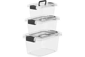 Cetomo 6.8Qt 12Qt 20Qt Plactic Storage Bins, Stack Tote Storage Box with Handles, Clear, Set of 3 Different Size Boxes
