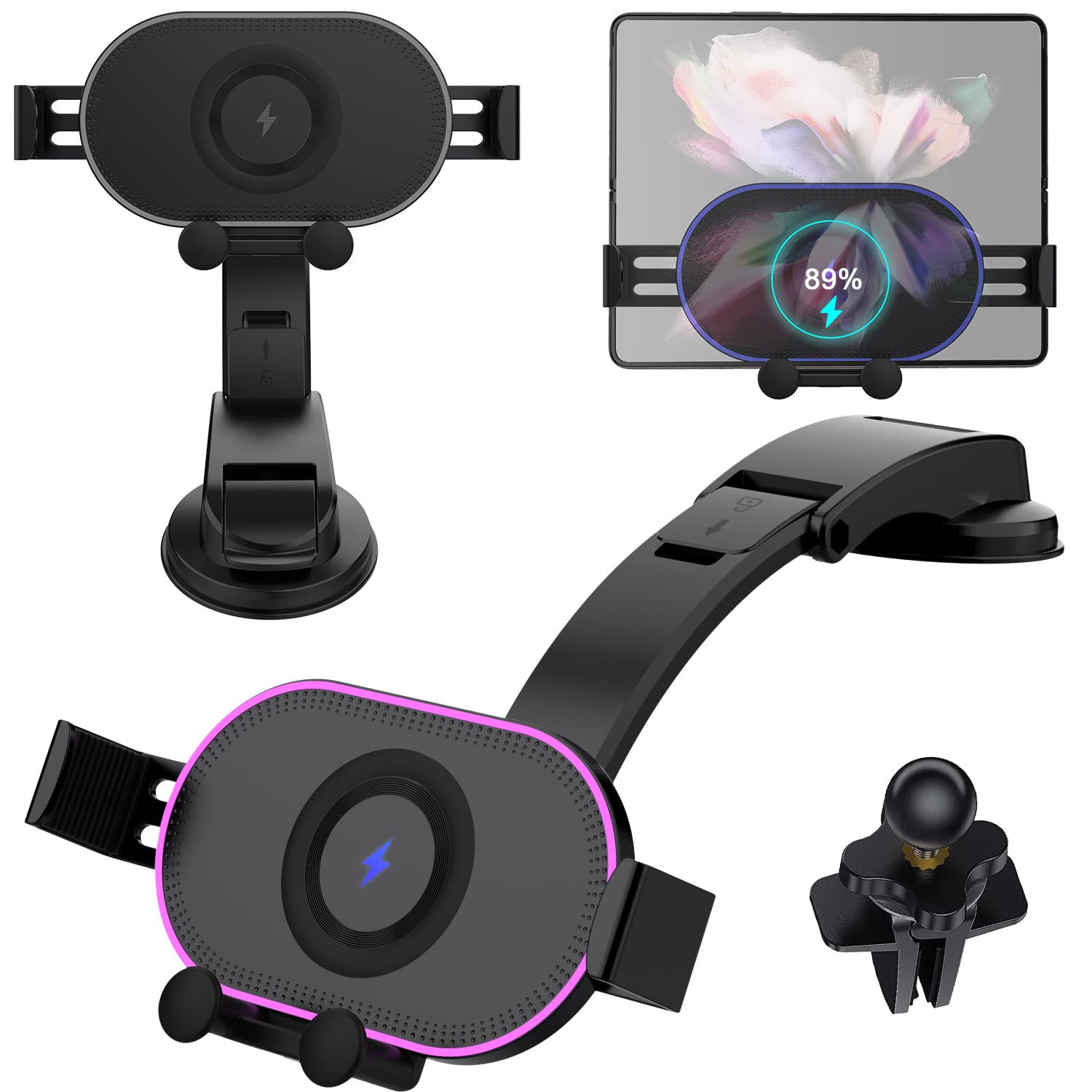 Vizvera Galaxy Fold Car Mount 15W Qi Fast Charging Car Mount, with [Atmosphere Light] for Air Outlet/Dashboard for Galaxy Fold 4/Fold 3/Fold 2/ iPhone 13/ Oneplus 9/Huawei x2/Xiaomi Fold or more-X3