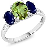 Gem Stone King 10K White Gold Diamond Accent Oval Green Peridot Blue Sapphire 3-Stone Ring 2.43 Ct (Available 5,6,7,8,9)