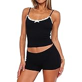 Lacozy Sexy Pajama Sets for Women 2 Piece Cute Pj Set Lightweight Lace Trim Cami Top and Shorts Sleepwear Summer