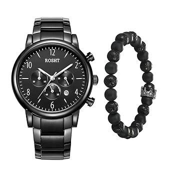 ROSHT Mens Chronograph Watch Black Stainless Steel Band Wristwatch G185005Bkgt